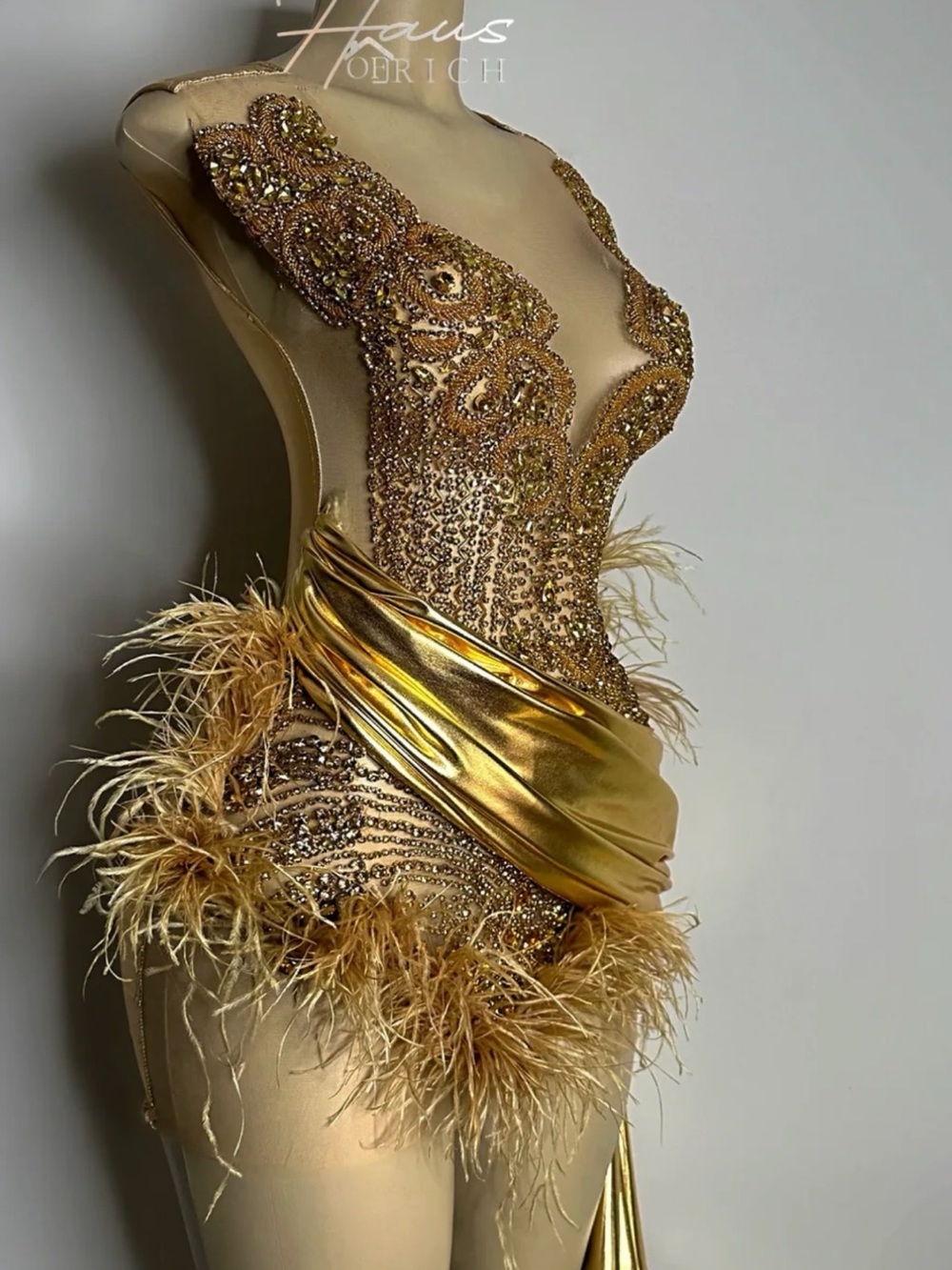 Gold Beaded Feathered Bodysuit